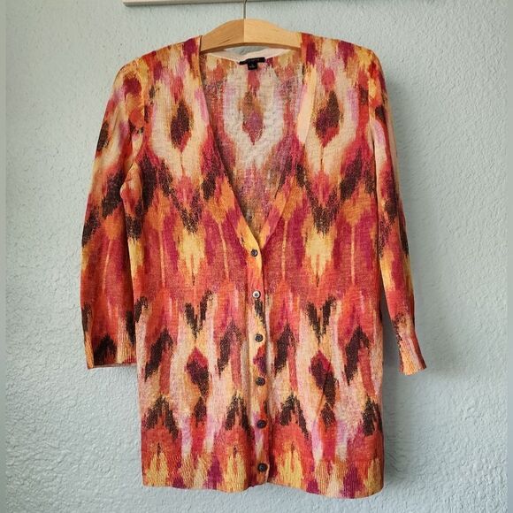 Ann Taylor silk and linen print 3/4 sleeve cardigan sweater - Picture 1 of 12